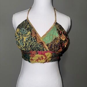 Hippie Forever Patchwork Halter Crop Top Boho Floral Festival Wrap Multi Color